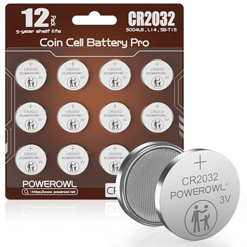 CR2032, POWEROWL Pilas CR2032 de Botón de Litio 3V para Llaves de Coche, Mandos a Distancia, Reloj, Reloj de Pulsera y GPS, Paquete de 12-Marrón