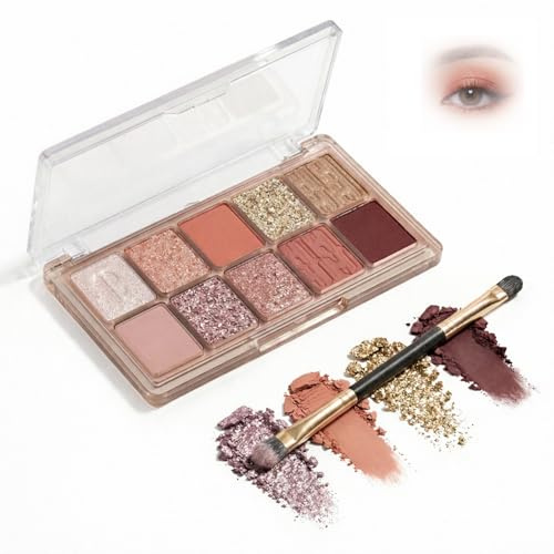 9-Colour Warm Neutral Shimmer Eyeshadow Palette with Rose Gold Taupe Brown Tones - Dual-Ended Brush, Matte Satin Glitter Finishes for Daily & Evening Looks, Long Lasting Blendable Makeup Kit