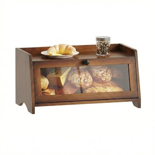 BAMBANG Bread Bin for Kitchen Countertop, Bamboo Bread Box Wooden Farmhouse Bread Storage Container, Small Breadbox Organizer for Counter Cabinet Pantry, Amber