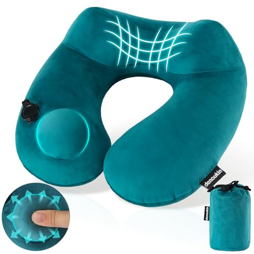 denoukin Inflatable Neck Pillow for Travel with Built-in Pump Lake Blue
