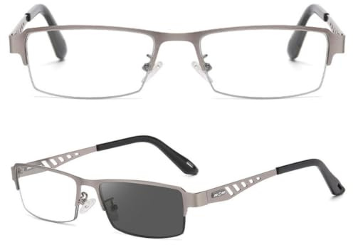 Gafas de Lectura Fotocromáticas Hombre, Gafas de Lectura Progresivas | Lentes Multifocales Anti Luz Azul, Gafas de Sol Medio Marco Metal, Bisagras Flexibles