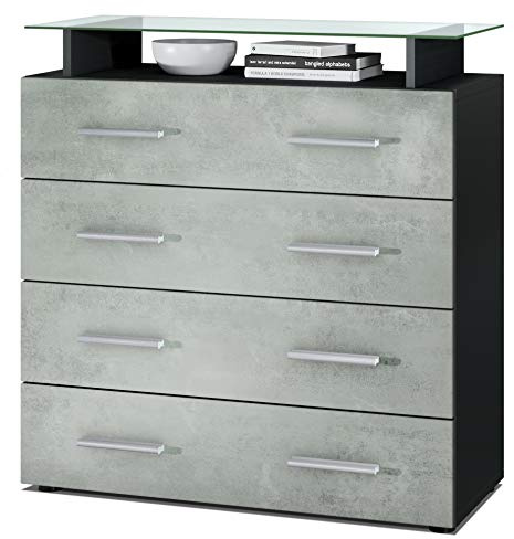 Vladon Sideboard Pavos V2, Kommode mit 4 Schubladen und Glasablage, Schwarz matt/Beton Oxid Optik (76 x 81 x 35 cm)