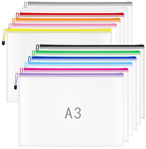 A3 Zip Wallets Plastic Wallet A3 Document Folder Zipper Bags Large Ziplock Bag Mesh Zip Bag for School Office Travel Storage - 12 Colours