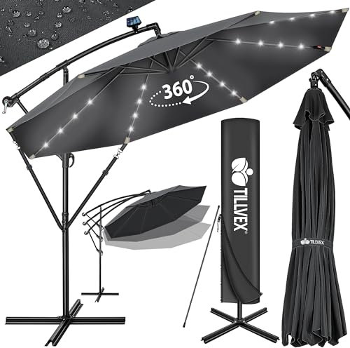 tillvex Alu Ampelschirm LED Solar Ø 300 cm mit Kurbel + Abdeckung | Sonnenschirm mit An-/Ausschalter & Windschutz | Gartenschirm UV-Schutz Aluminium | Kurbelschirm mit Ständer Marktschirm wasserdicht