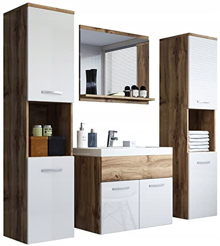 PIASKI Conjunto de Muebles de baño Montreal XL, Juego de Muebles de baño, Lavabo Incluido, Distintos Colores (Blanco Brillo/Wotan)