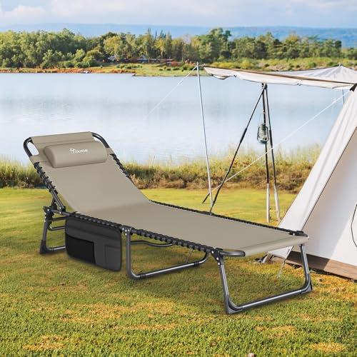 YITAHOME Lettino da Sole Pieghevole 190x60cm Lettino da Spiaggia Regolabile in 4 Posizioni Lettino Prendisole con Poggiatesta e Tasca Capacità di Carico 300lbs per Giardino, Spiaggia, Campeggio, Cachi