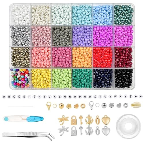 Magrimaxio 4000 Stück 4 mm perlen für armbänder, buchstabenperlen zum auffädeln, bastelperlen, mit elastischer faden, Schere und Aufbewahrungsbox, perlenset für DIY Bracelet Making Kit