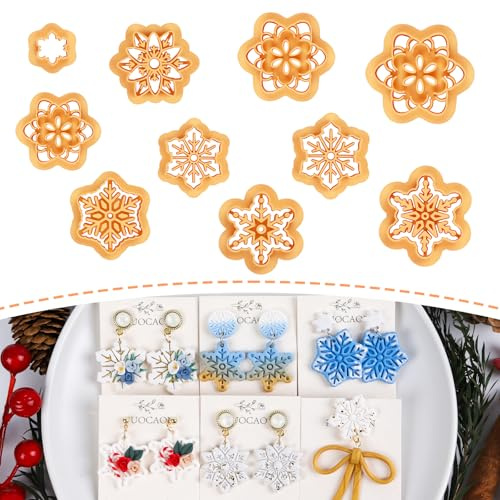 Puocaon Snow Winter Clay Cutters - 10 Pcs Christmas Snowflake Decor Clay Cutters for Polymer Clay Jewelry, Ice Hexagon Snow Polymer Clay Cutters for Earrings Making Christmas Snowflake