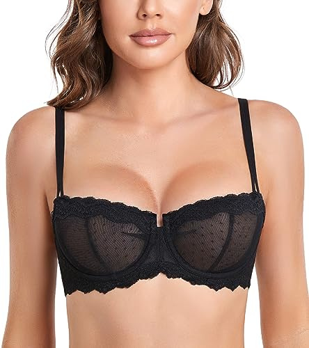 DotVol Women's Push Up Unlined Lace Sheer Underwire Multiway Everyday Bra(Black,36B)