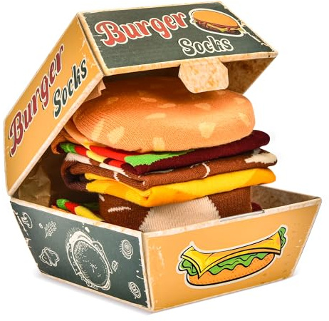 Funny Burger Socks Box for Dad Father Men Women Teenage Boys - Funny Gifts Novelty Fun Funky Food Cool Crazy Silly Odd Socks Fathers Day Easter Birthday Gifts Christmas Stocking Fillers(2 pairs)