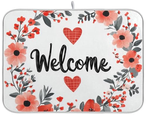 Alfombrilla de secado de platos para el día de San Valentín, diseño floral, color rojo, con corazones y corazones de bienvenida, para cocina, desagüe, freidora de aire, resistente al calor, 40,6 x
