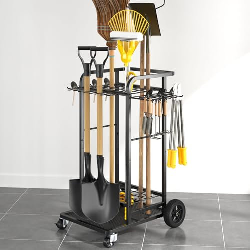 SOYEEZE Garden Tool Organizer with Large Wheels, Heavy Duty 3-Tier Yard Tower Tool Rack for Garage, Holds Up to 35 Long-Handled Tools, Garden Tool Cart with 12 Hooks for Tool Organization Storage