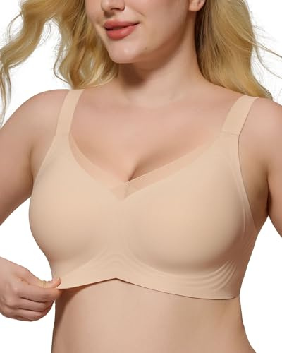 HORISUN Wireless Bras for Women, Non Wired Comfortable Seamless Support Bra Lift Full Coverage Bra Mesh Lace Deep V Plus Size Bralettes (Nude XL)