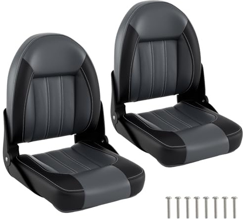 GYMAX Sièges de Bateau 2 Pièces, Dossier Haut Pliable, Siège en Simili Cuir, Rembourrage en Éponge, Compatible avec Piédestal Fixe ou Pivotant, pour Bateau de Pêche, Bateau de Tourisme, Yacht