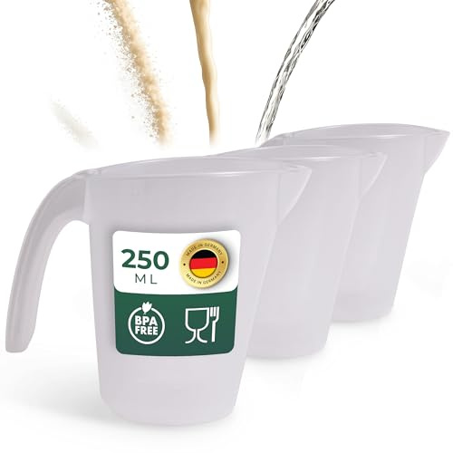 Novaliv 3 Stück Messbecher 250ml, Meßbecher Set transparent mit klarer g/ml Skala für Flüssigkeiten Mehl & Zucker, Made in Germany, Spülmaschinenfest, Rührschüssel Dosierbecher Messbehälter
