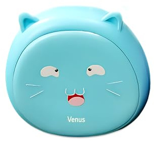 Venus® Kontaktlinsenbehälter Animal Design, Contact Lenses case mit Spiegel, Flasche, Pinzette & kontaktlinsen einsetzhilfe – Linsenbehälter für weiche & Harte Linsen (Blau Katze)