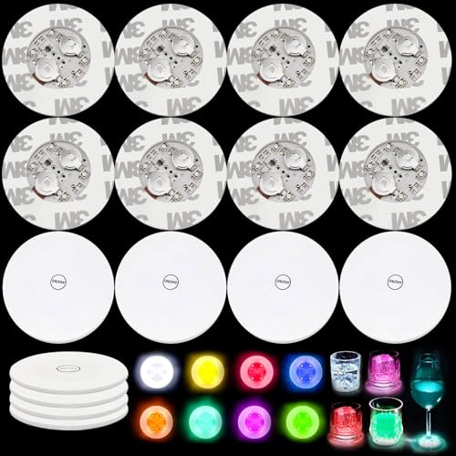 TXErfolg 16 Piezas Posavasos LED Autoadhesivos 6cm Posavasos Iluminados | con 7 Modos de Luz(8 de Colores, 8 Blanco Frío) Posav ASOS LED Botellas para Fiestas, Bodas, Bares y Navidad