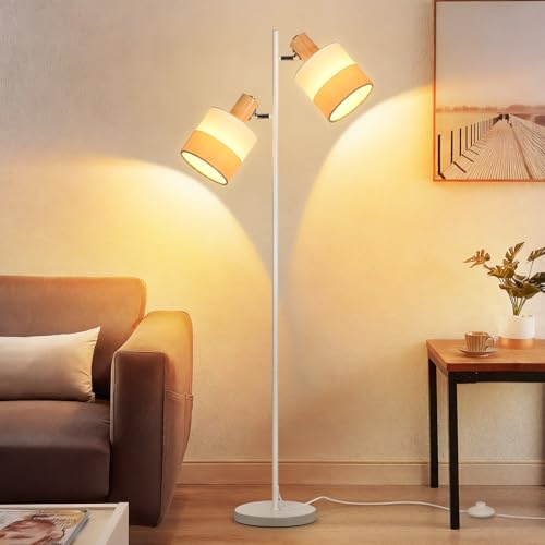 CBJKTX Lámpara de pie vintage - Lámpara de lectura de madera con 2 fuentes de luz E27, lámpara rotatoria con interruptor de pie, ideal para el dormitorio (sin bombilla)