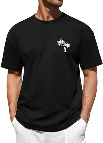 TOMEEK Magliette Uomo Manica Corta Oversize T Shirt Cotone Estive Maglietta Uomo Girocollo Casual Maglia Moda Palme Stampa Basic Allentata Top(Nero,XXL)