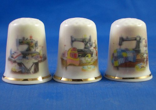 Porcelain China Collectable Thimbles Set of Three Sewing Tables