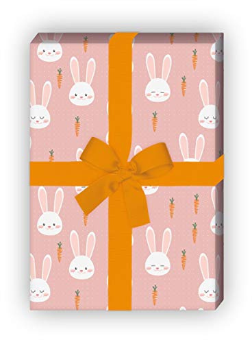 Kartenkaufrausch Süßes Häschen Geschenkpapier Set mit Karotten auf Punkten für tolle Geschenk Verpackung 32 x 48cm, 4 Bögen zum Einpacken für Geburtstage, Geburt, Ostern, rosa