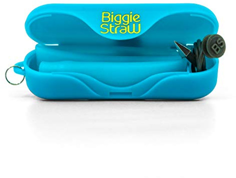BiggieStraw Extra Wide Collapsible, Reusable Straw | Smoothies, Milkshakes, Boba, Bubble Tea | Travel Case, Cleaning Tool, Angled Tip | Easy Clean | BPA Free Silicone | Eco-Friendly | Cyan-ara Plastic