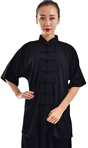 G-LIKE Damen Herren Tai Chi Trainingsanzug – Traditionelle Chinesische Kampfkunst Taiji Kung Fu Qi Gong Wing Chun Shaolin Wushu Frühling Sommer Training Unisex Uniform Kurzärmelig Anzug (Schwarz, XXL)