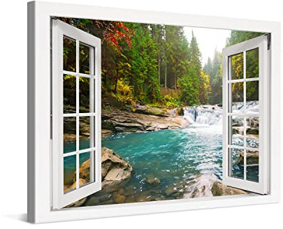 PICANOVA – Photo sur Toile Forêt Rivière Chûte d'Eau Fenêtre 120x80cm – Impression sur Toile Haut de Gamme – Image sur Toile pour Décoration Murale Moderne – La Collection Forêt