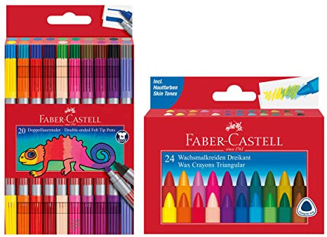 FABER-CASTELL 205030 - School Set mit 24er Etui Wachsmalstifte und 20er Etui Doppelfasermaler