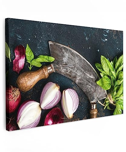 MuchoWow© Quadro Moderno Soggiorno Decorazioni Da Parete Quadri Su Tela Da | 90x60 cm - Salotto Grandi Foto Con Cornice Stampe Su TelaVerdura - Erbe - Coltello a culla - Cipolla - Spezie - Cucina
