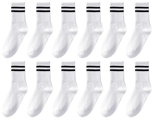 6 Pares de Calcetines Deportivos Blancos para Mujer, Transpirables de Algodón, Informales, de Tripulación, Diseño de Dos Rayas, Esenciales para el Fitness