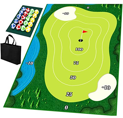 Bärbart golfspelsset för inomhus-/utomhusbruk med flismatta och golfträningsutrustning för träning hemma i trädgården – inkluderar 16 golfbollar, D-stil
