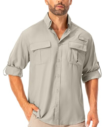 Asfixiado Camicia da uomo UPF50+ UV camicia a maniche lunghe traspirante abbottonatura funzionale camicia sportiva all'aperto camicia casual camicia da pesca per uomo, Cachi chiaro, S