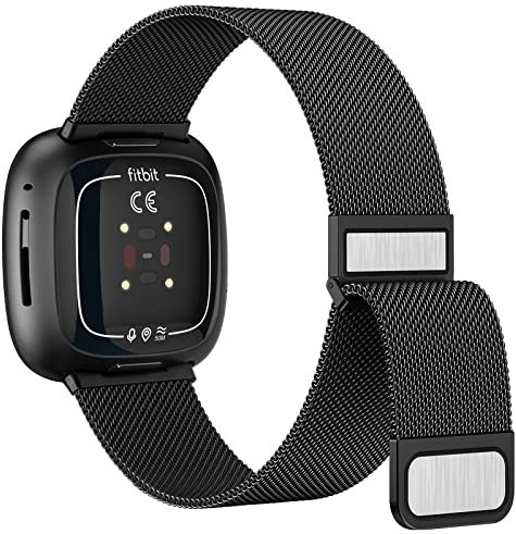 Amzpas Armband für Fitbit Versa 3 Armband Damen Herren,Edelstahl Metall Mesh Ersatzarmband Magnetschloss Uhrenarmband für Fitbit Versa 4 Armband/Fitbit Sense Armband/Fitbit Sense 2 (Schwarz)