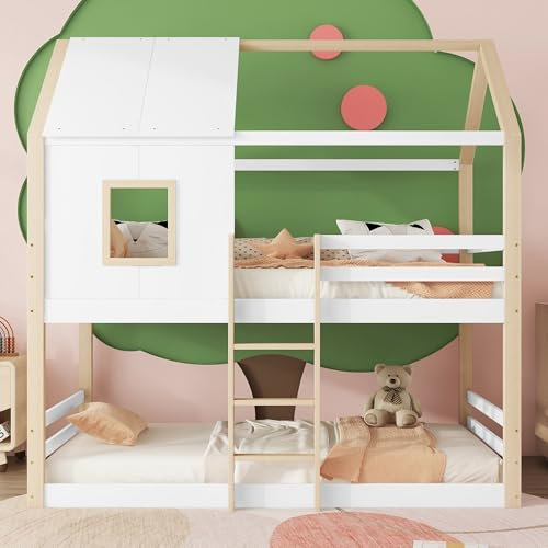 AYOROF Hochbett Etagenbett 90x200cm, Kinderbett mit Leiter und Fensterleiste, Hausbett mit Lattenrost aus Holz, Hochbett für Kinder Jugendliche und Erwachsene, ohne Matratze, Natur