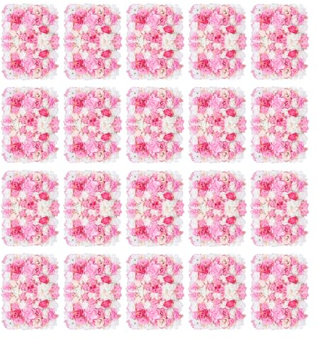 WooDerson 20 Stück Blumenwand Kunstblumen 60x40cm Künstliche Blumenwand Paneele Aus Seide+Kunststoff Blumenwandpaneel Blumenart Rose+Hortensie+Dahlie(Pink+Champagner+Weiß)