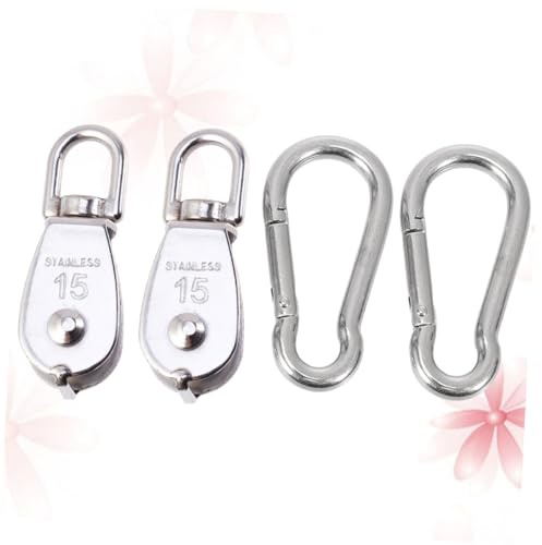 Carrucola a Ruota Singola M15 in Acciaio Inossidabile 4 Pezzi | Puleggia Fissa con Moschettone M8, Colore Argento, Set con 2 Carrucole e 2 Ganci a Molla