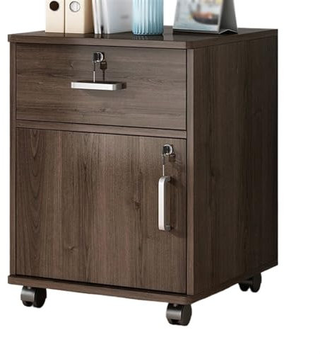 Cenz-888 Aktenschrank Büro-Aktenschrank, Holz, eine Schublade mit Einer Tür, Aktenschrank, mit Schloss, Aufbewahrung, Kleiner Seitenschrank mit Radauszug Druckerständer(Bruin)