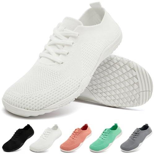 IVQDZL Barfuss Schuhe Damen Sneaker Sommerschuhe Barfußschuhe Slip on Laufschuhe Turnschuhe Sportschuhe Atmungsaktiv Hallenschuhe Weiß Größe 38 EU
