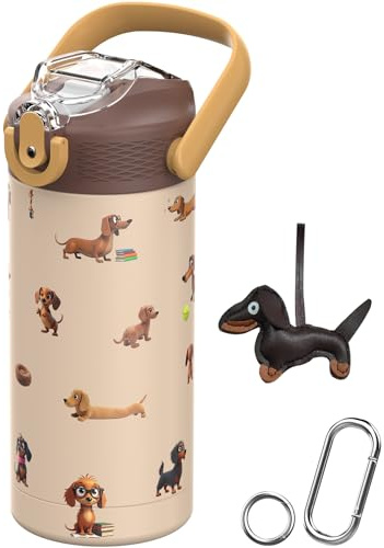 MYFOREST 400 ml isolerad vattenflaska för barn, kirurgiskt stål, högupplöst originalmönster, tål diskmaskin, namnskylt, karbinhakar (Beige. Bruna taxar)