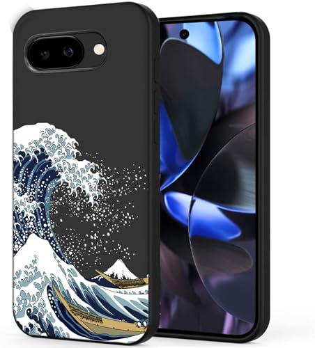 Unov Case Designed for Pixel 9a, Black Phone Case with [Anti-Slip Embossed Pattern], Shockproof Slim Protective [Anti-Scratch TPU] Back Cover, Great Wave