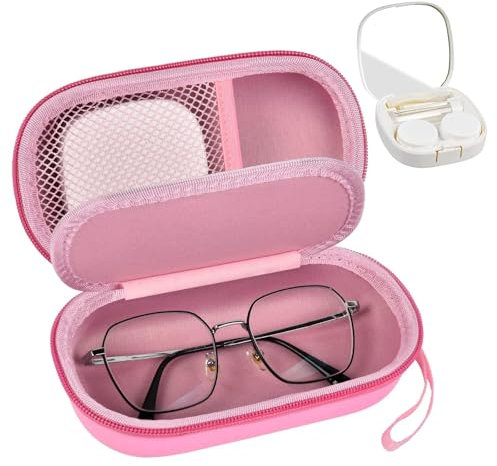 GWCASE Portable 2 in 1 Contact Lens Case and Glasses Case, Traveling Contact Cases Bag Box Holder with Soak Storage Kit Included Built-in Mirror, Tweezer, Lens Solution Bottle and Hand Strap-Pink