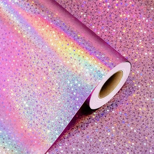 Wikadlik Holographisches rosa Geschenkpapier mit Sternen für Valentinstag, Muttertag, Geburtstag, Hochzeit, Jubiläum, Urlaub, Weihnachten