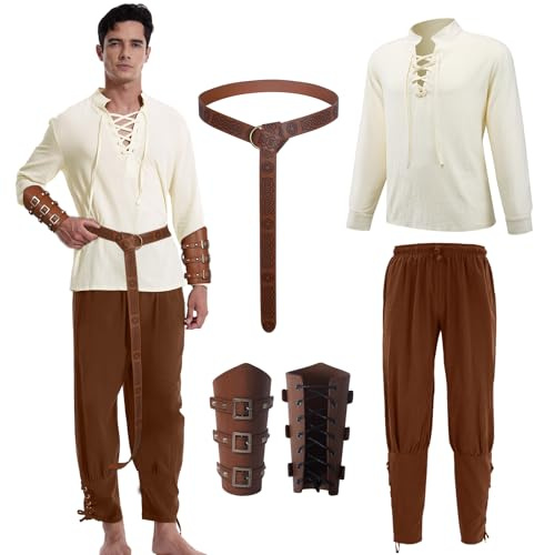 Costume da uomo medievale, 4 pezzi, costume da vichingo, da uomo, con camicia medievale, pantaloni, cintura, polsiere, per carnevale, Halloween, pirata, hippie, cosplay, feste (marrone, XL)