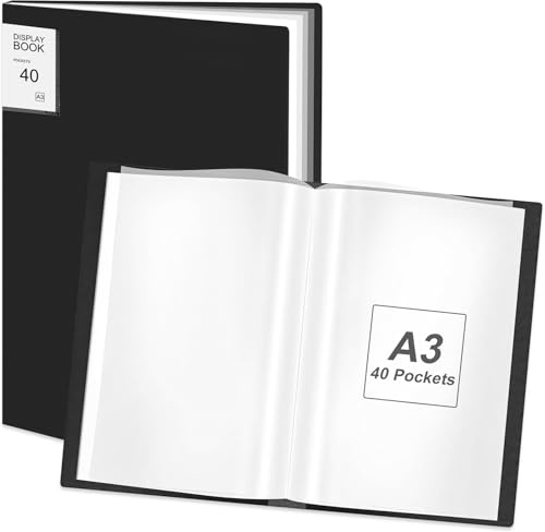 A3 Display bokmapp med genomskinliga plastärmar, 40 fickor presentationsmappar, dokumentorganiseringsklämma, portföljhållare för förvaring målning, konstverk, rapport, ritning, certifikat (svart)