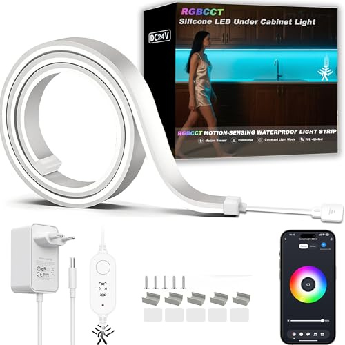 RGB+CW 2700 K–6500 K LED infälld lampa 1 m, skåpbelysning med rörelsesensor och app dimbar flexibel silikon LED-ljuslist strip, lämplig för Alexa, Google Assistant kök, kontor, vardagsrum