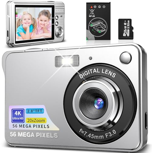 Fotocamera digitale 4K, 56 MP, fotocamera per vlogging, zoom automatico 20x, fotocamera con zoom digitale con 1 batteria, scheda SD da 32 GB, per bambini, principianti, adolescenti, studenti (argento)
