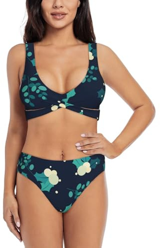 Photinia Arbutifolia Women's Split Cross Bikini Full-Width Printed High Elastic Swimsuit Nylon Fabric Which Black