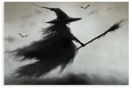 Leinwandposter Hexe fliegt auf einem Besen, Schlafzimmerdekoration, Landschaft, Büro, Raumdekoration, Geschenk, 40 x 60 cm