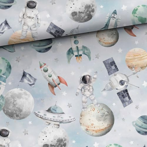 50x150cm Weltraum Baumwollstoff - Stoffe zum Nähen für Kinder & Baby aus 100% Baumwolle - Premium Kinderstoffe & Babystoffe mit Galaxy Astronaut Planeten Raketen - keine Meterware